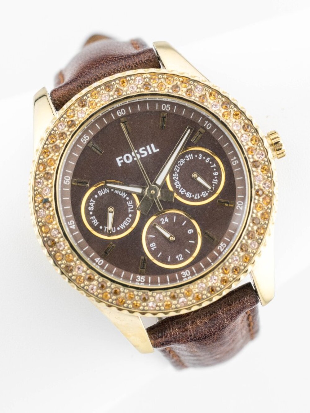 Fossil Stella ES2897 Women’s Brown Crystal Quartz Analog Watch Fresh Battery